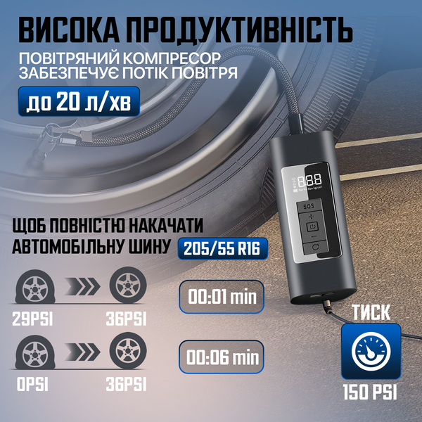 Автокомпресор портативний з функцією Power Bank, автомобільний компресор SBTR Темно-сірий AP-005_32 фото