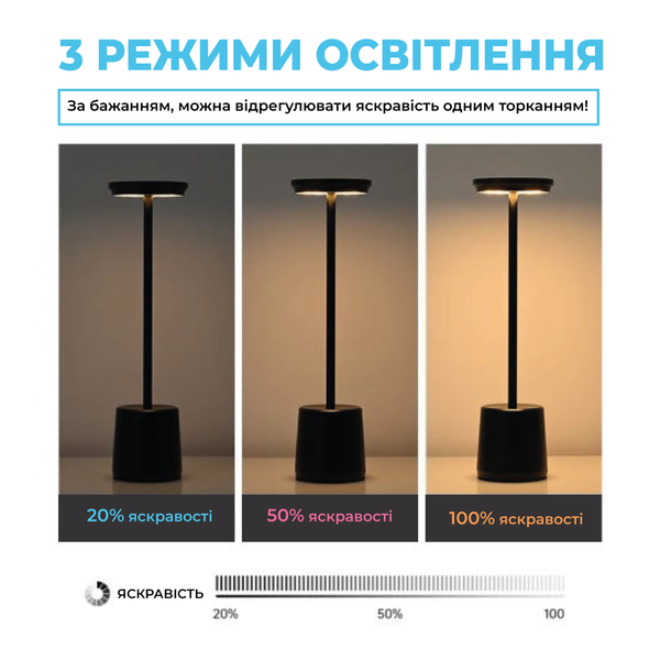 Настільна акумуляторна LED лампа Table01: сенсорне керування, 3 режими роботи Чорна Table01-01 фото