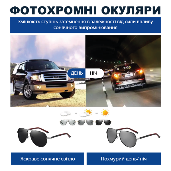 Сонцезахисні окуляри для водіїв фотохромні та поляризаційні хамелеони для нічної та денної їзди набір з чохлом NiOk1 фото